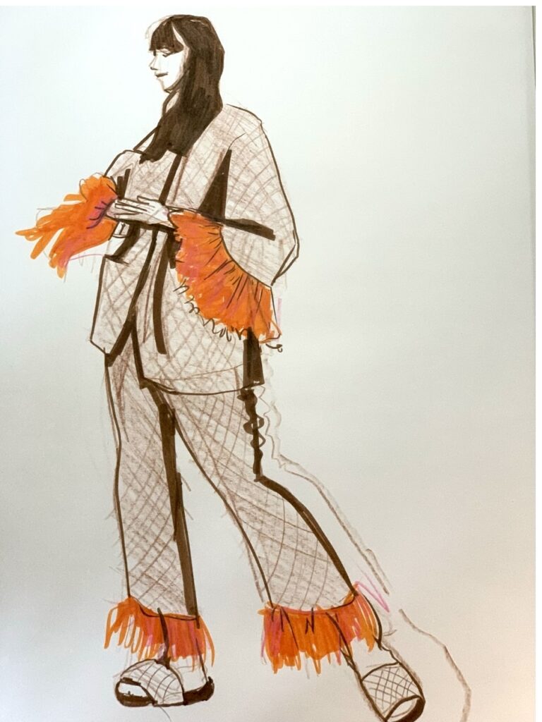 contrast fringe trimmed suit fashion illustration