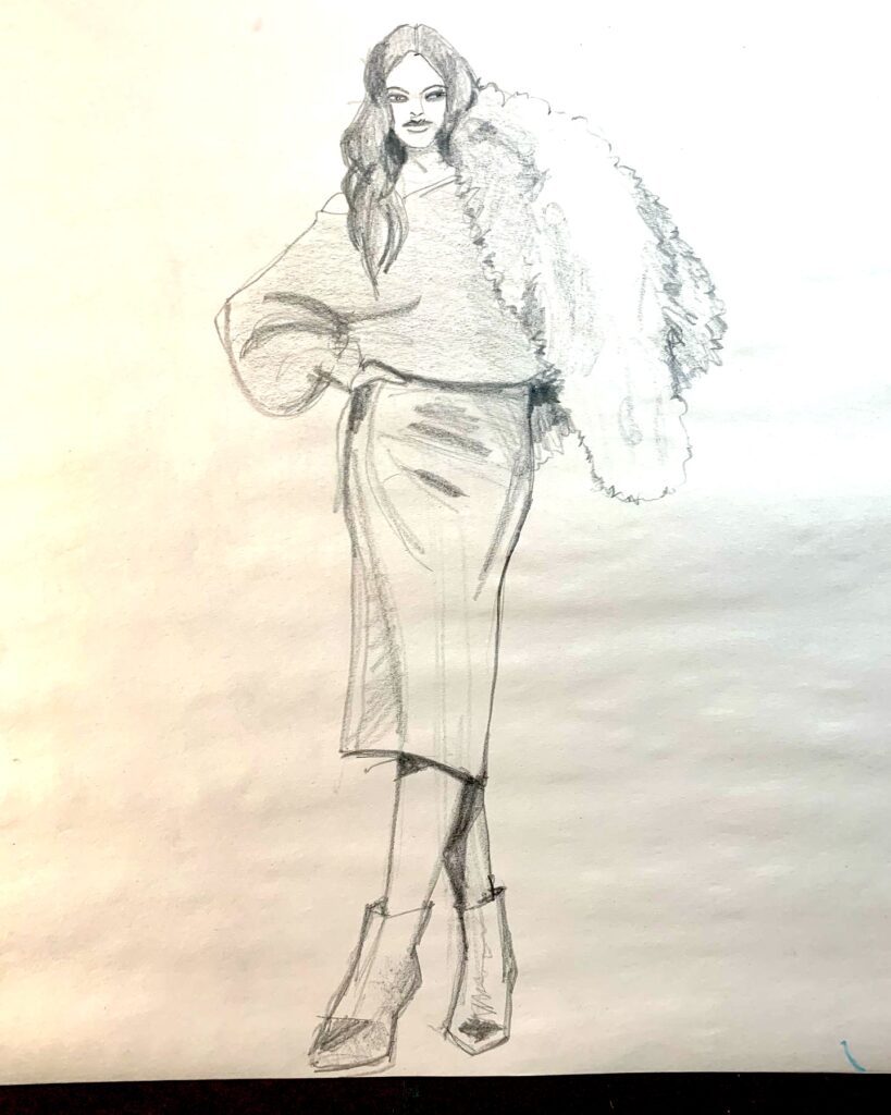 furry fuzz and knit winter fashion look, fashion illustration by Laura Volpintesta