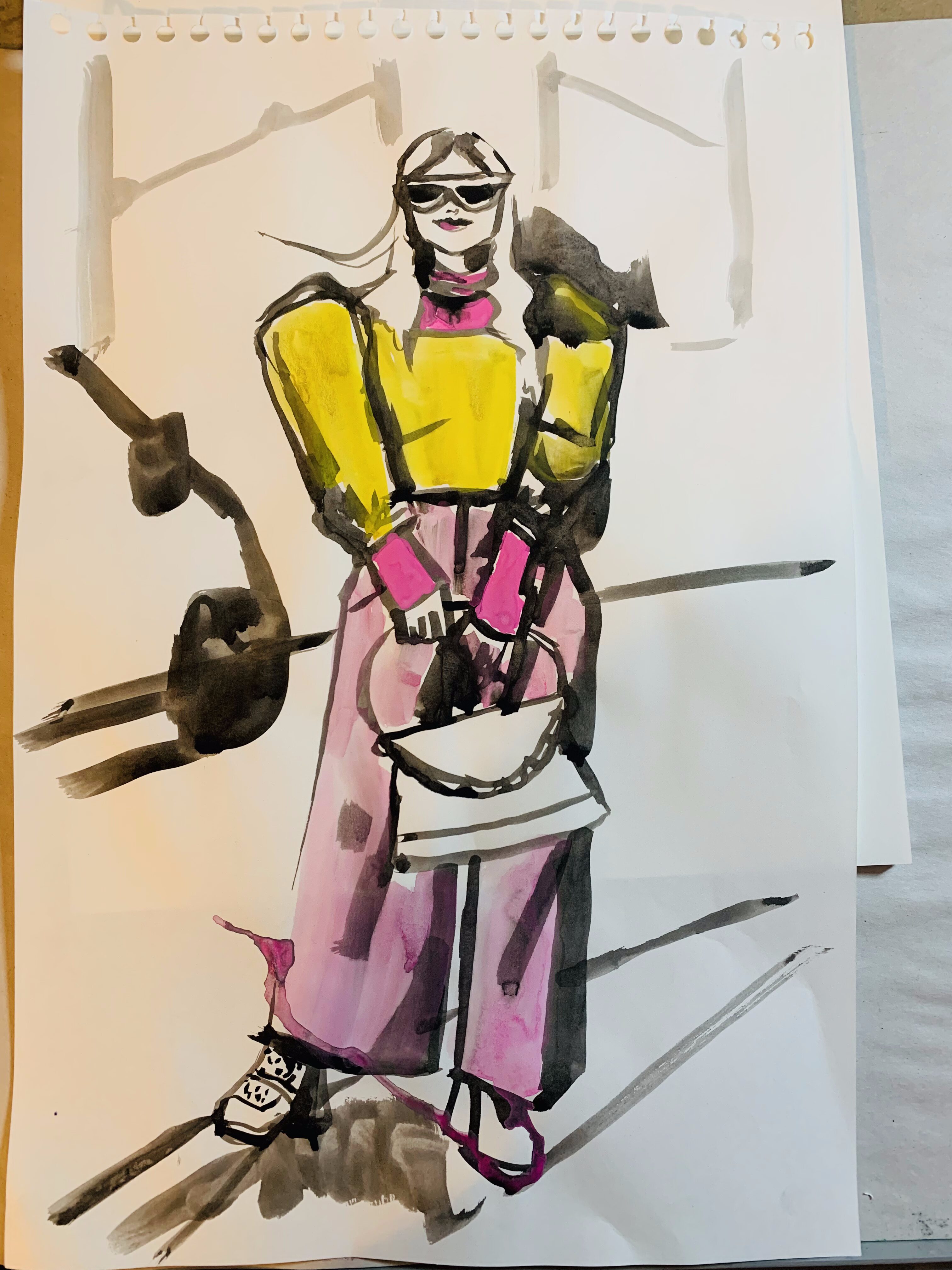 real size fashion proportions: gouache illustration with background.