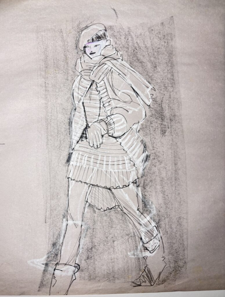 knit sweater layers ribbing winter thick warm pencil, walking, illustration by Laura Volpintesta, charcoal