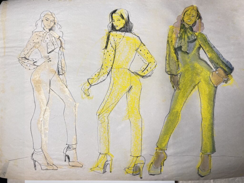 proportion, layout, sheer, dots, heels, contours, hems, contours, hair, hands, accessories, details, yellow, gold, poka dot, faces, evening, tie, pencil, oil pastel, shine
