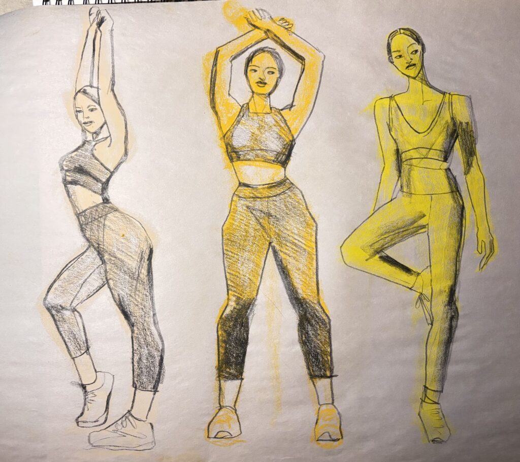 leotard model drawing warmups yoga body types figure drawing, athleisure, shadow, shine, anatomy, weight, balance, anatomy, seamlines, hemlines, necklines, marker, undersketch, oversketch, oil pastel, newsprint
