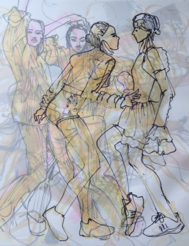line drawing, felt tip pen, sharpie, pairs, dancing, carnaval, layers, vellum, trace, FSG