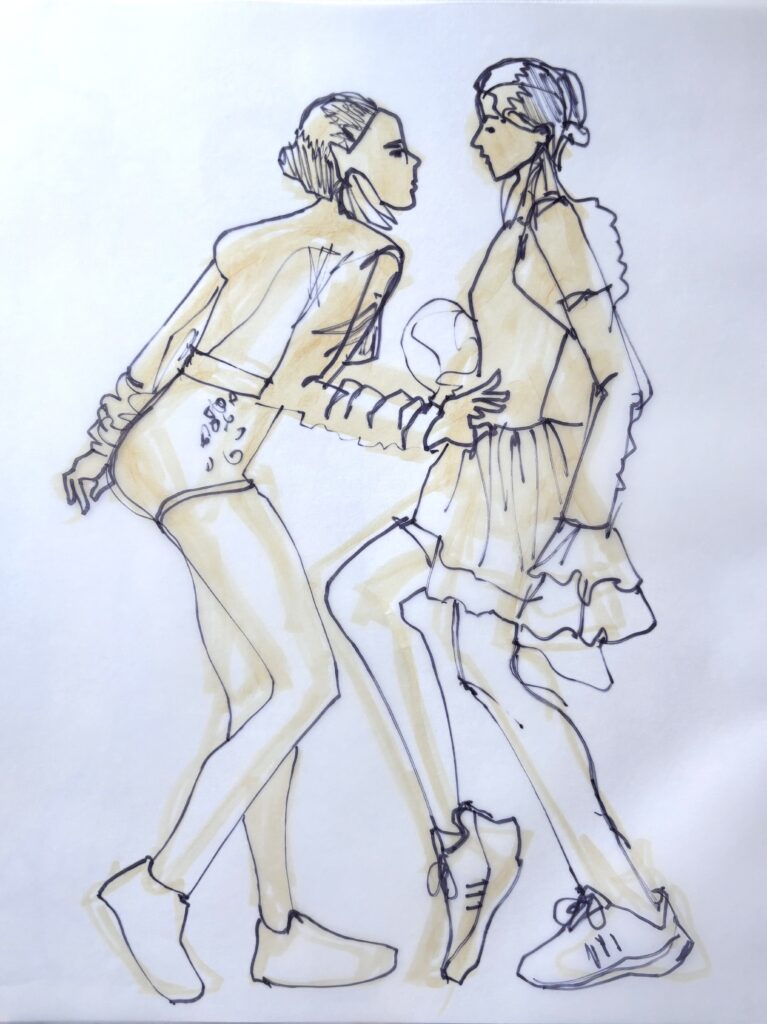 narker fashion sketching, pairs, model drawing, carnaval, dancing, sharpie, profile, action pose