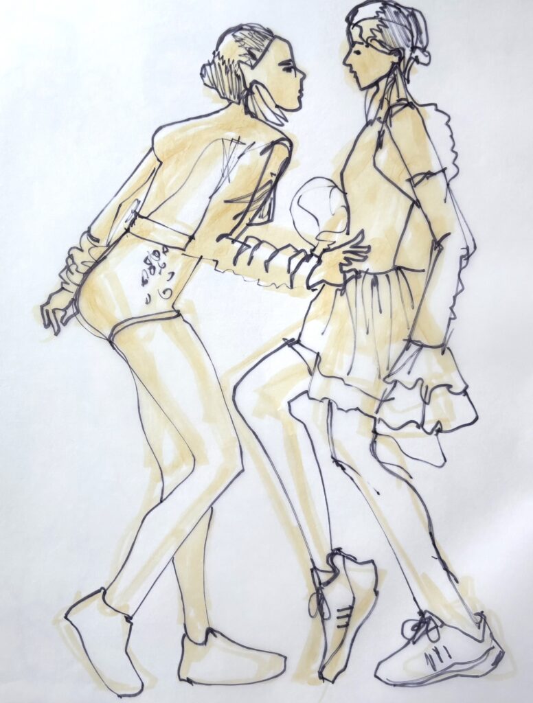 narker fashion sketching, pairs, model drawing, carnaval, dancing, sharpie, profile, action pose