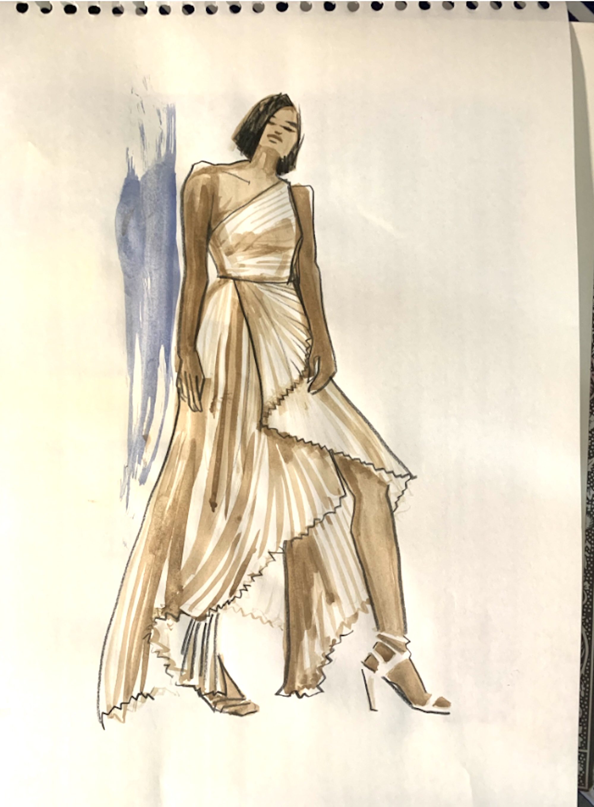 Fashion illustration, gouache and ink on sketch paper, Laura Volpintesta accordion pleats