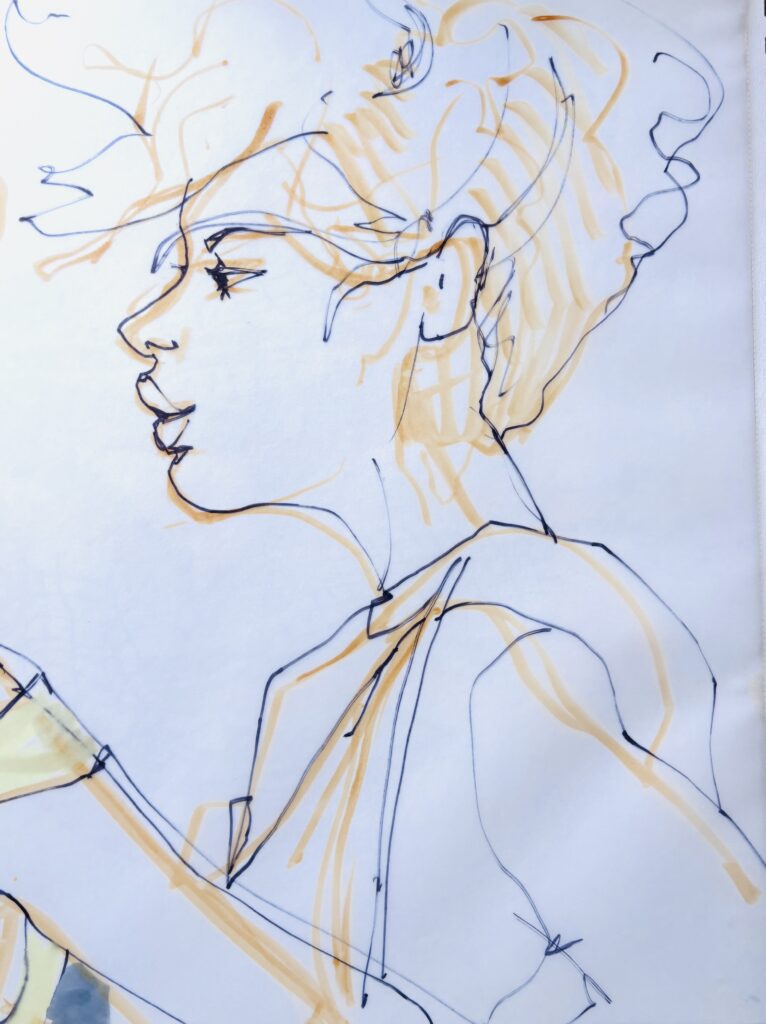 profile hair face. Ultra fine line sharpie, brush tip tombow marker on vellum