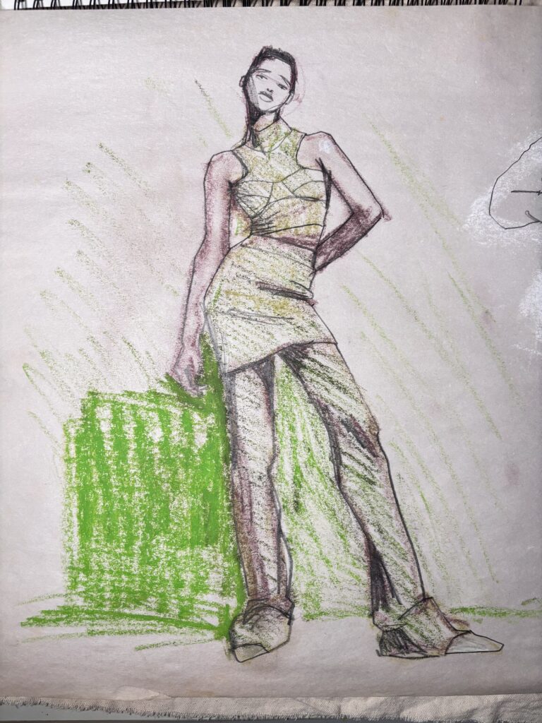stylelines turtleneck bustier layers pants skirt knit stylelines, construction, knitwear, composition, oild pastel, strokes, brushstrokes, shadow shapes, saturation, value