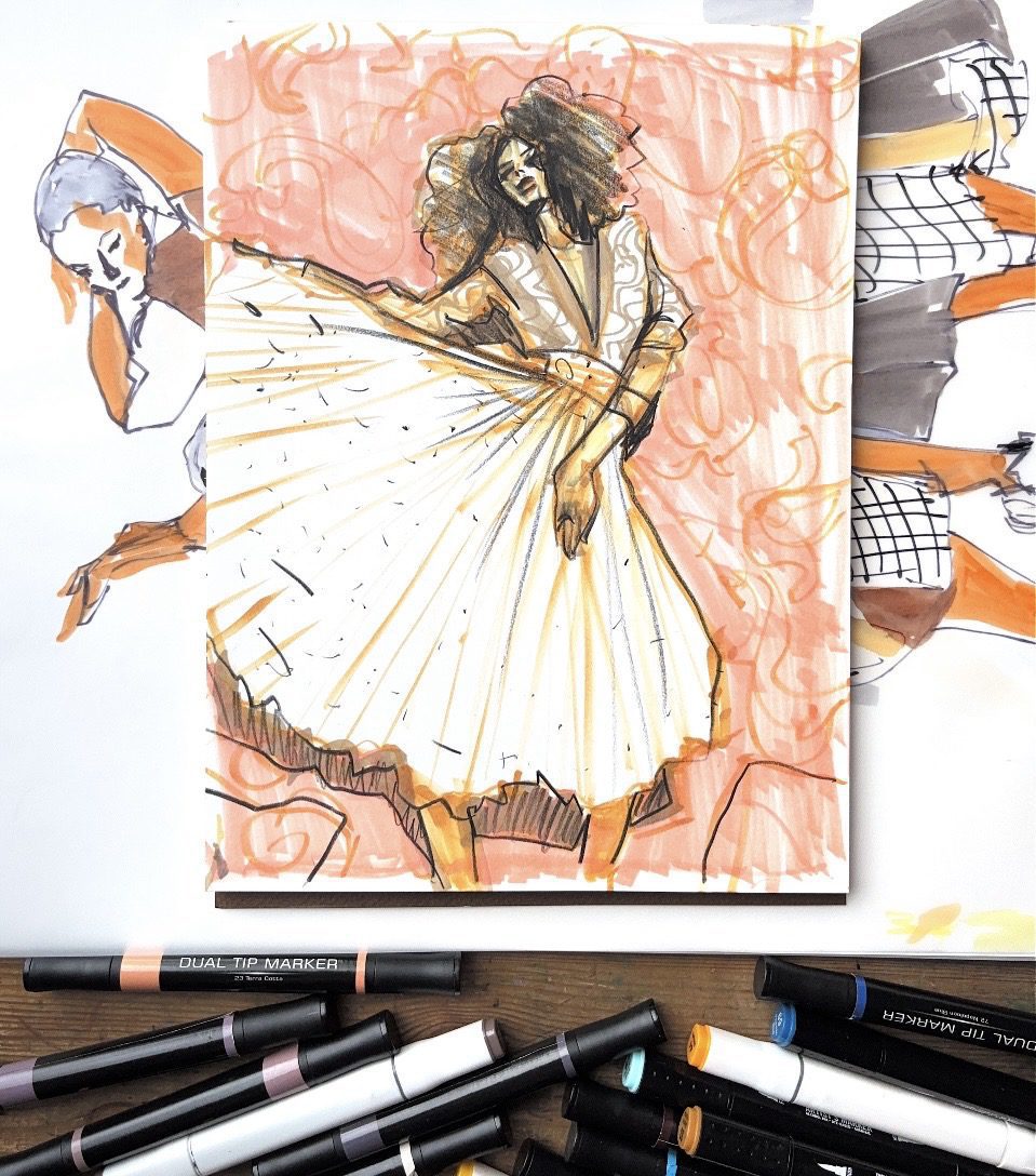 fashion illustration with markers, pleated circle skirt . exploring prints and patterns in markers on marker heavy paper.