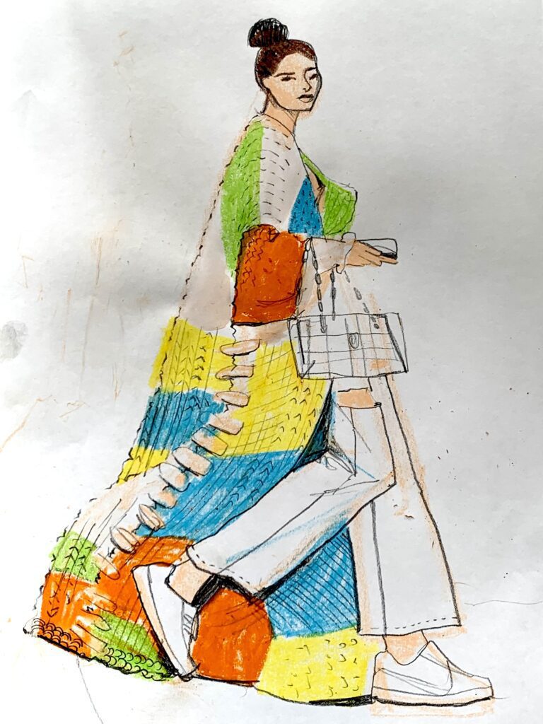 sweater knit dressing. layers patchwork accessories oil pastel, profile, walking pose, movement, accessories, stitches, handknit