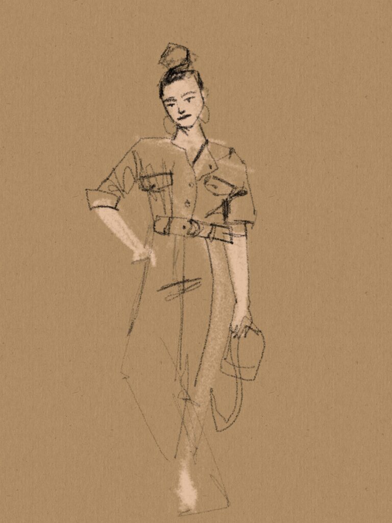toned paper tinted tayasui sketches study buttons, pocket flaps, belt, trousers, purse,