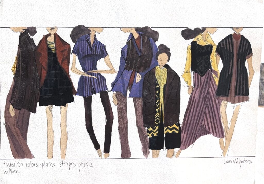 layout of gouache fashion illustrations rendering transition color and fabric story, color palette, prints, patterns and stripes, for gap project by Laura Volpintesta