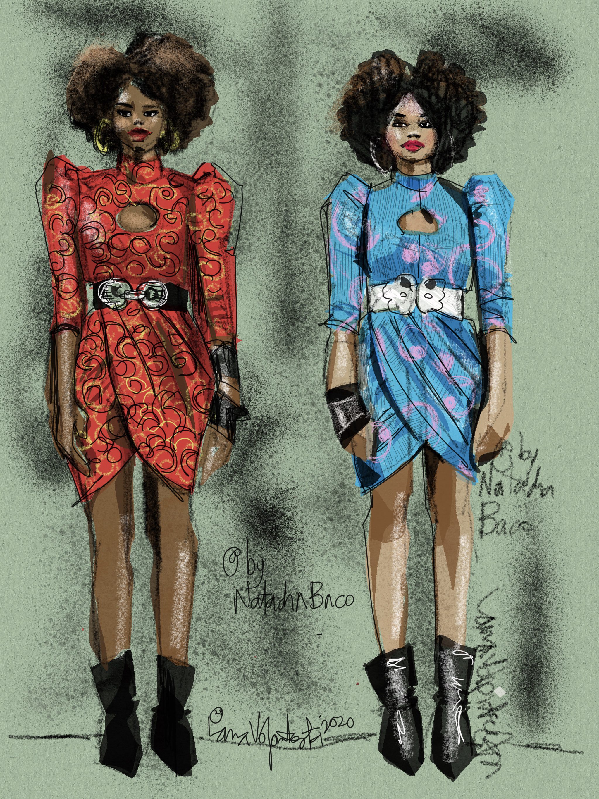 leg o mutton sleeves, cinched, pleats, gathers, band collar. Tayasui sketches belted african wax print dresses by Natacha Baco with cutouts