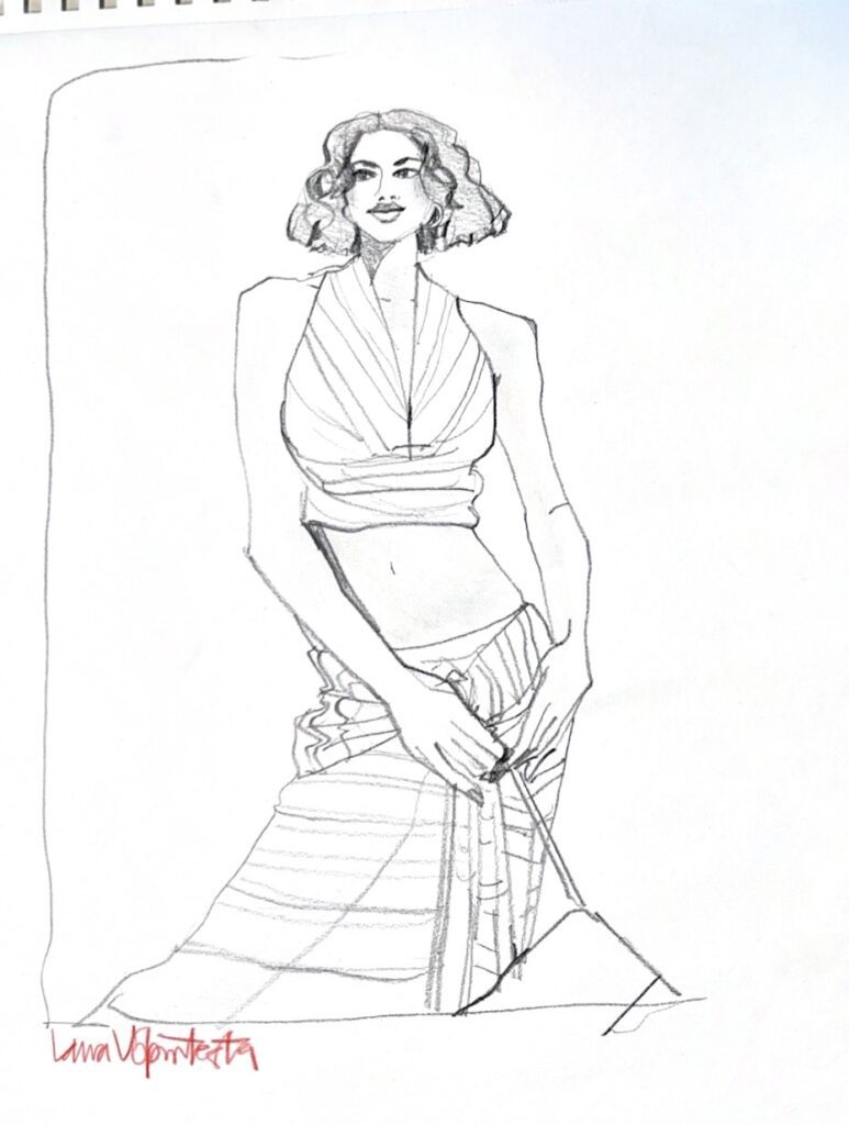 stripes, sheer, graphite pencil, fashion illustration by Laura volpintesta faces